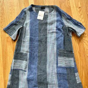 QNeel Stunning Blue Linen Stripped Beach Dress with Lining NWT sz: 16
